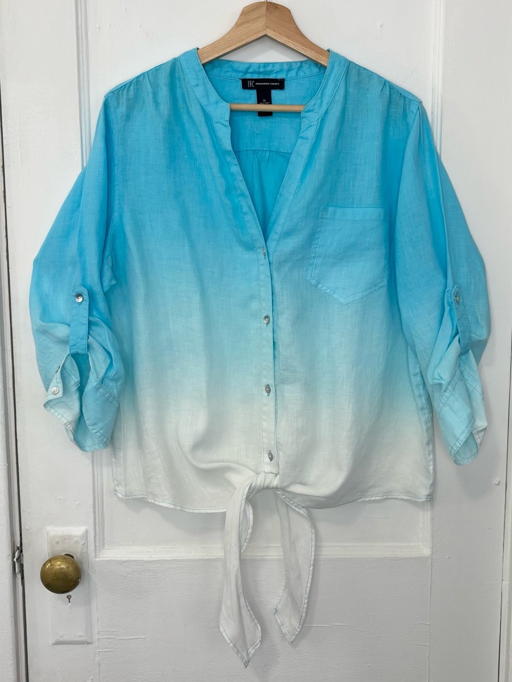 I.N.C. International Concepts 100% Linen Blue to White Ombre Tie-Front Shirt, 16